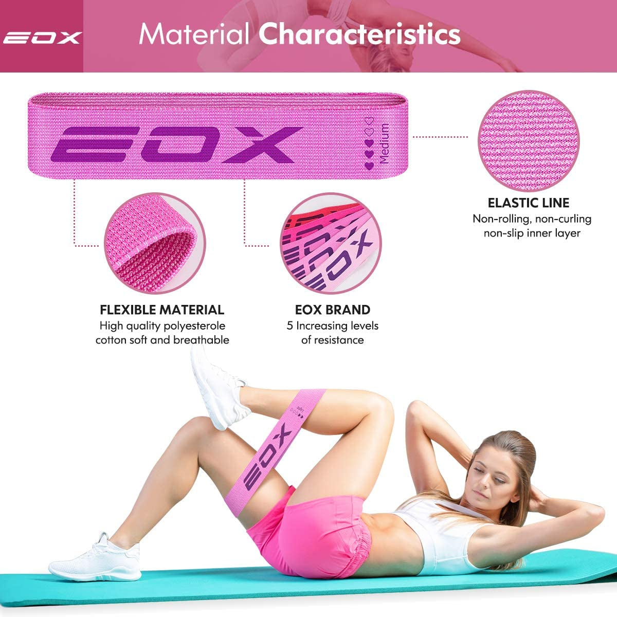Non-Slip Fabric Resistance Loop Bands for Leg and Glute Training, 5 Resistance Levels (Pink)