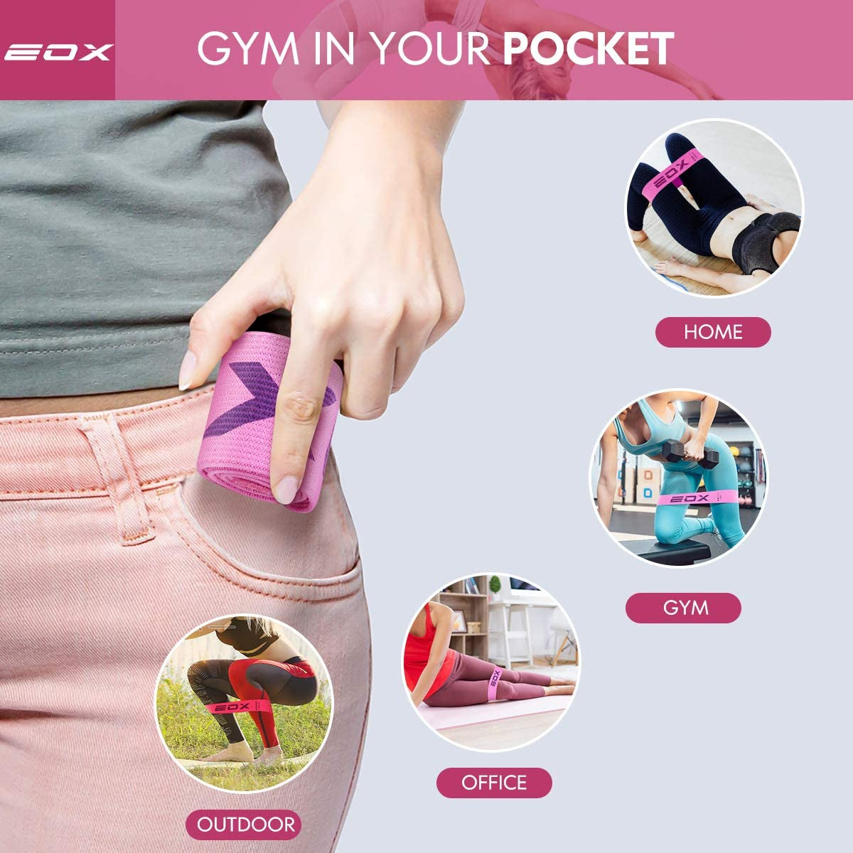Non-Slip Fabric Resistance Loop Bands for Leg and Glute Training, 5 Resistance Levels (Pink)