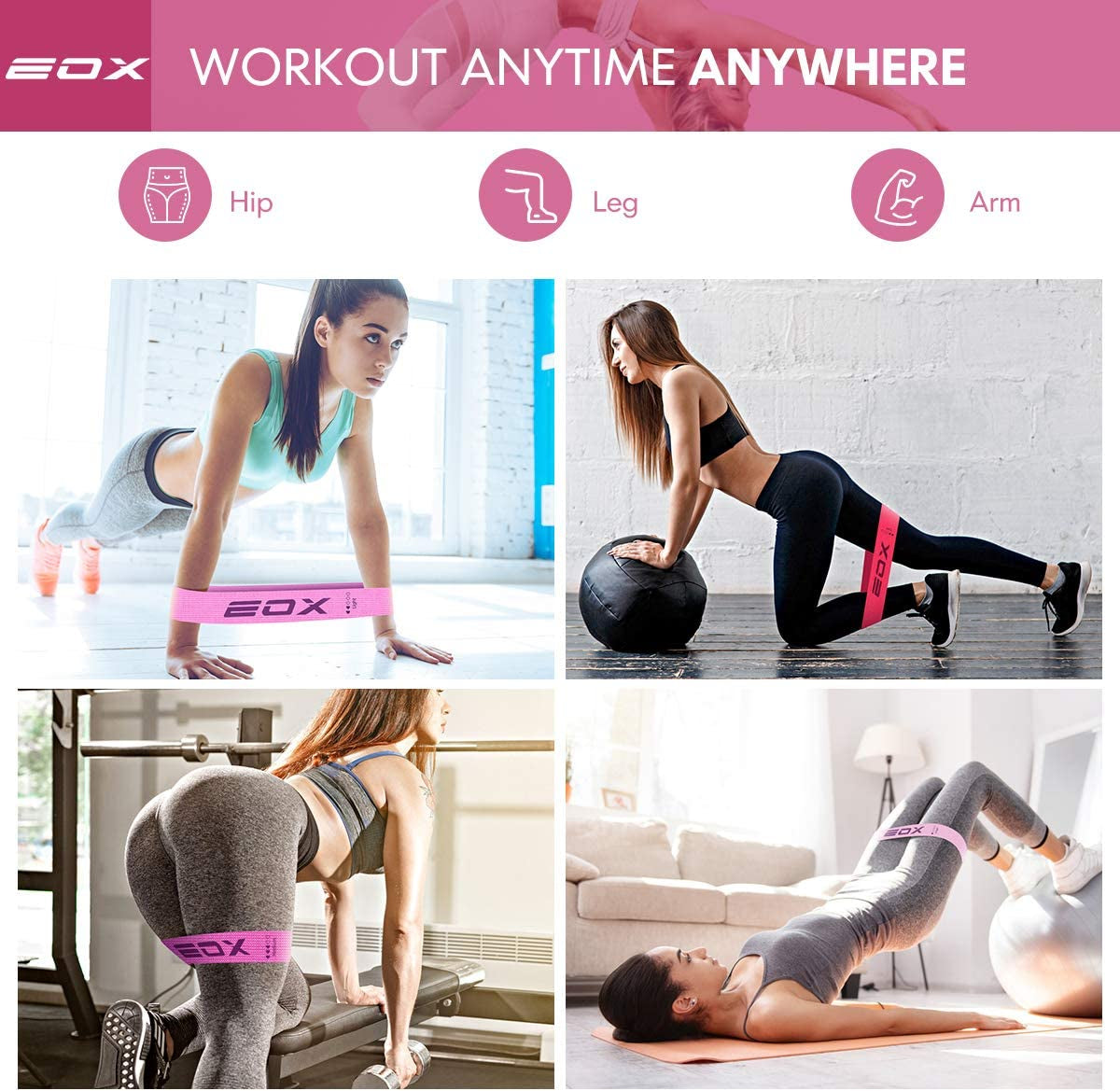 Non-Slip Fabric Resistance Loop Bands for Leg and Glute Training, 5 Resistance Levels (Pink)